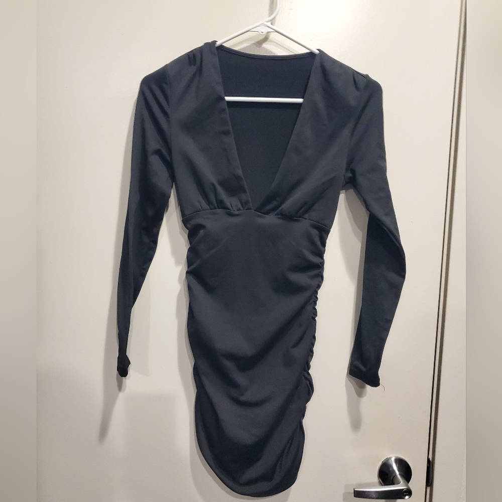 Black Ruched Long Sleeve Bodycon Dress XS